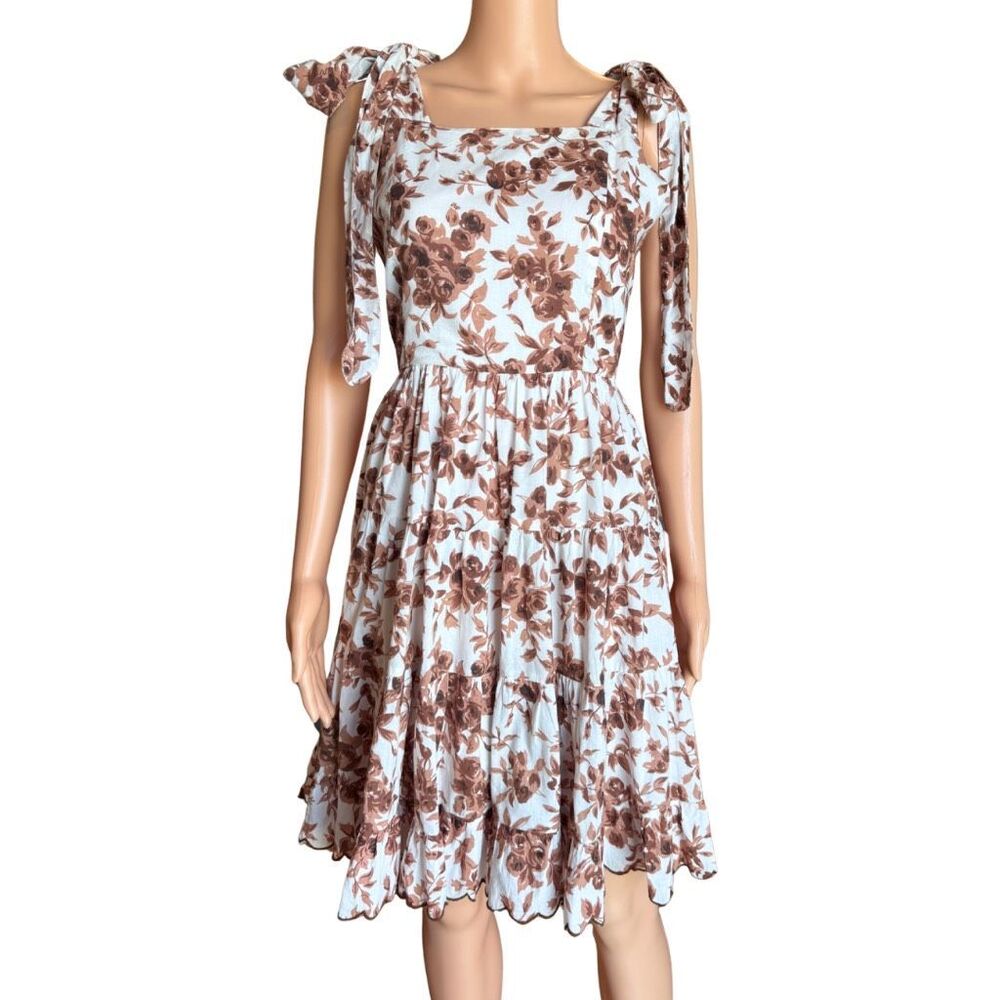 Mille Kiara Dress Small Brown Floral Tie Shoulder Tiered Ruffle Square Neck Boho - Picture 4 of 9
